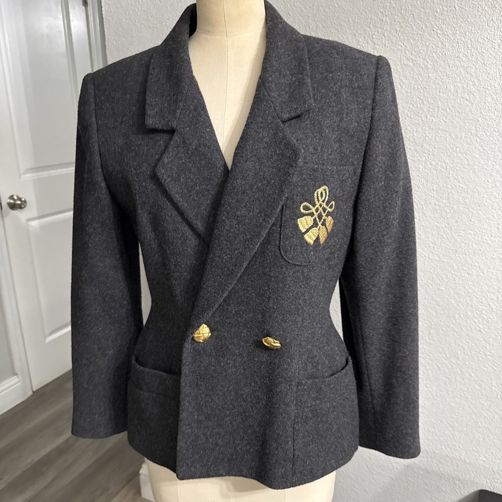 Vintage Anne Klein Gray Wool Blazer Gold Button Double Breasted Women's 6 Petite